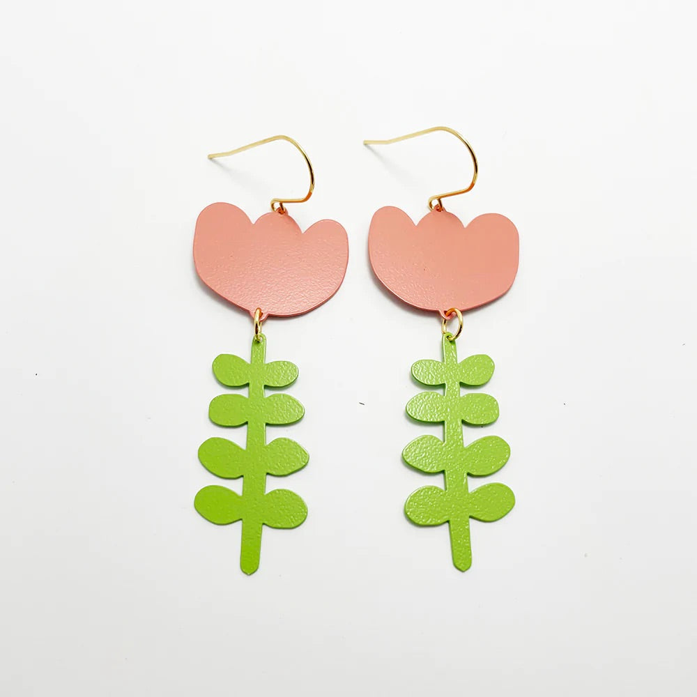 peach + green flower earrings